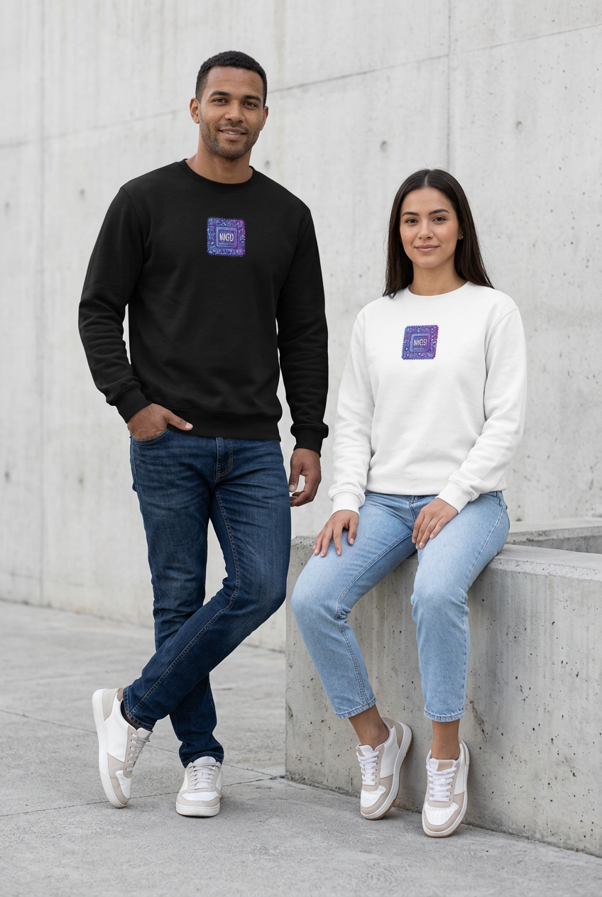 Duo met zwarte en witte WASD-sweaters in verschillende poses