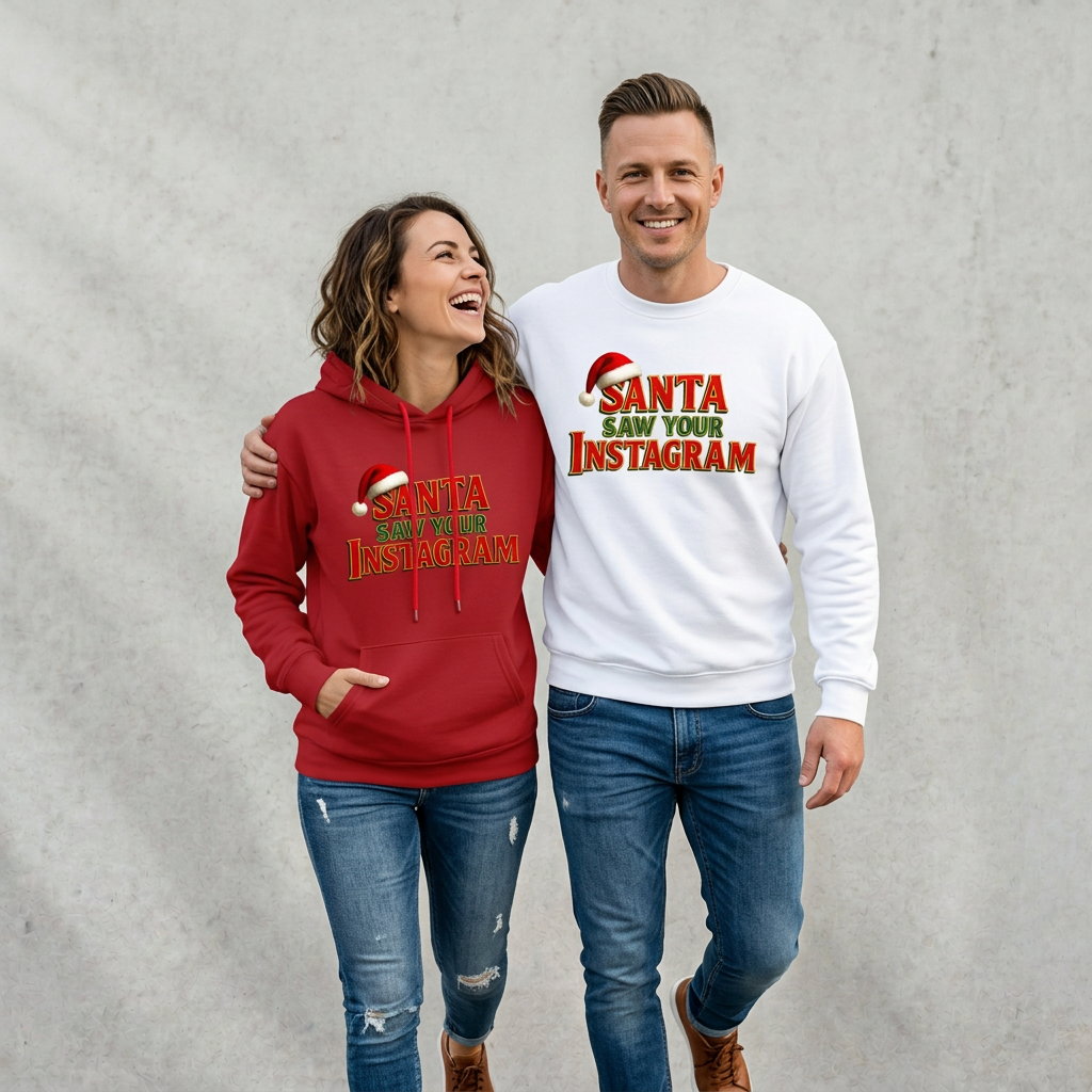 Duofoto met rode kersthoodie en witte kerstsweater in een spontane pose
