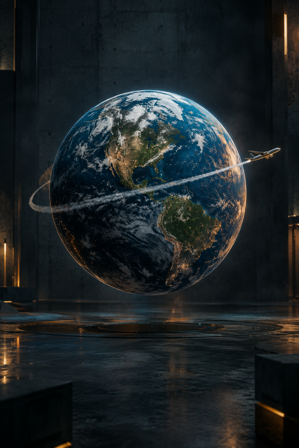 Fotorealistische wereld met vliegtuig eromheen in stoere stijl