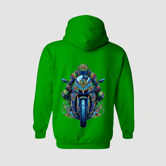 Groene hoodie met grote motorprint, uitsluitend achteraanzicht
